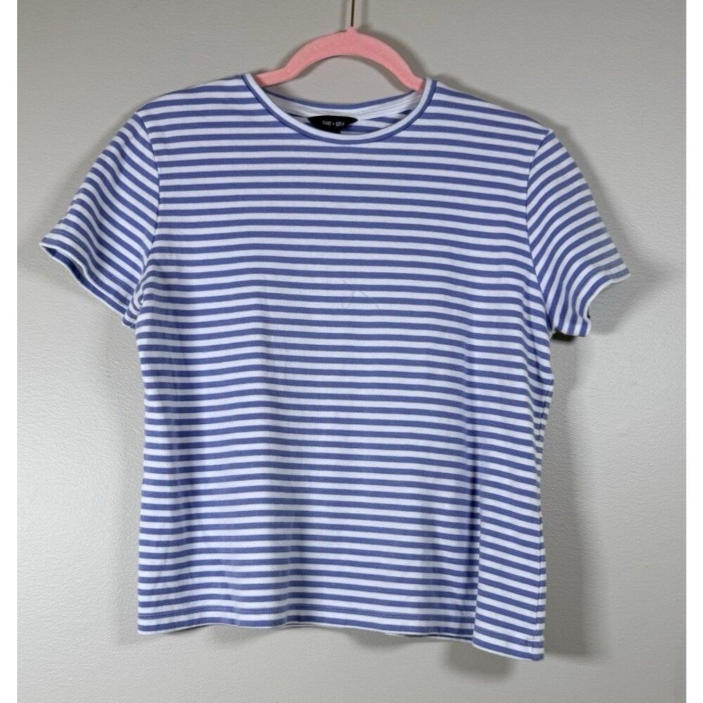 Saint + Sofia Womens Blue/White Striped Knit Crew Neck Short Sleeve T-Shirt - 4